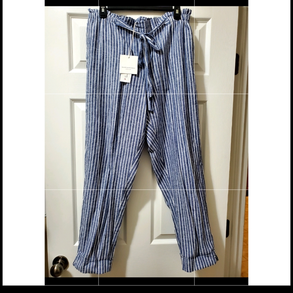 Pinstriped Blue and White Pants BEACH LUNCH LOUNGE SIZE 12 (Made With Linen)